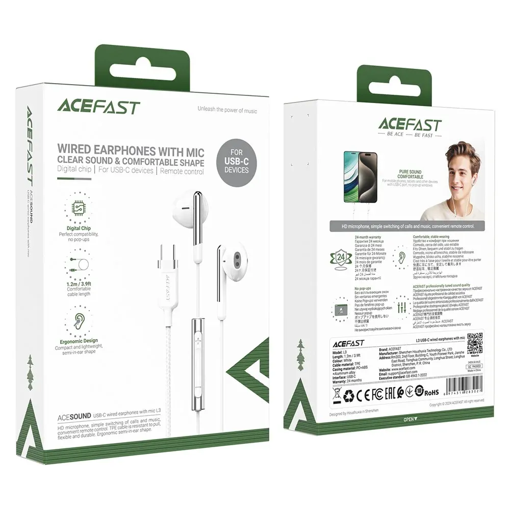 ACEFAST L3 Ականջակալ Փոքր Լարով Type-C Սպիտակ