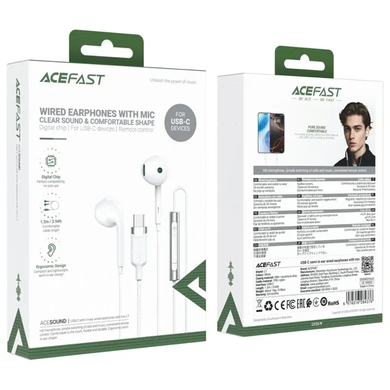 ACEFAST L7 Ականջակալ Փոքր Լարով Type-C Սպիտակ