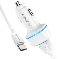 BOROFONE BZ14 Մեքենայի լիցքավորիչ + Type-C մալուխ (2 USB) – Սպիտակ