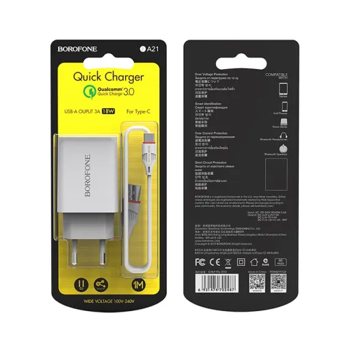 BOROFONE BA21A Լիցքավորիչ + լար, USB-ից Type-C, Սպիտակ