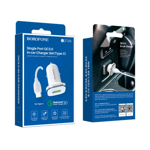 BOROFONE BZ12A Մեքենայի լիցքավորիչ + Type-C մալուխ (1 USB) – Սպիտակ