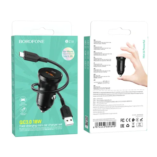 BOROFONE BZ18 Մեքենայի լիցքավորիչ + Micro-USB մալուխ – Սև