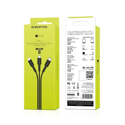 Լիցքավորման Լար 3-ը 1-ում| BOROFONE BX16|Lightning /Micro-USB/Type-C-սև