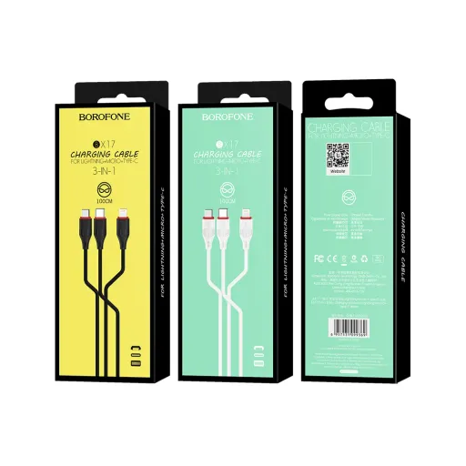 Լիցքավորման Լար 3-ը 1-ում| BOROFONE BX17|Lightning /Micro-USB/Type-C-սպիտակ
