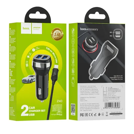 HOCO Z40 Մեքենայի լիցքավորիչ + Micro-USB մալուխ (Սև)