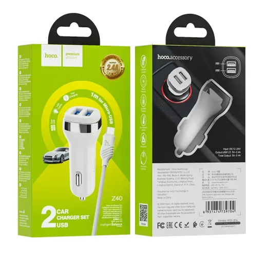 HOCO Z40 Մեքենայի լիցքավորիչ + Micro-USB մալուխ (Սպիտակ)