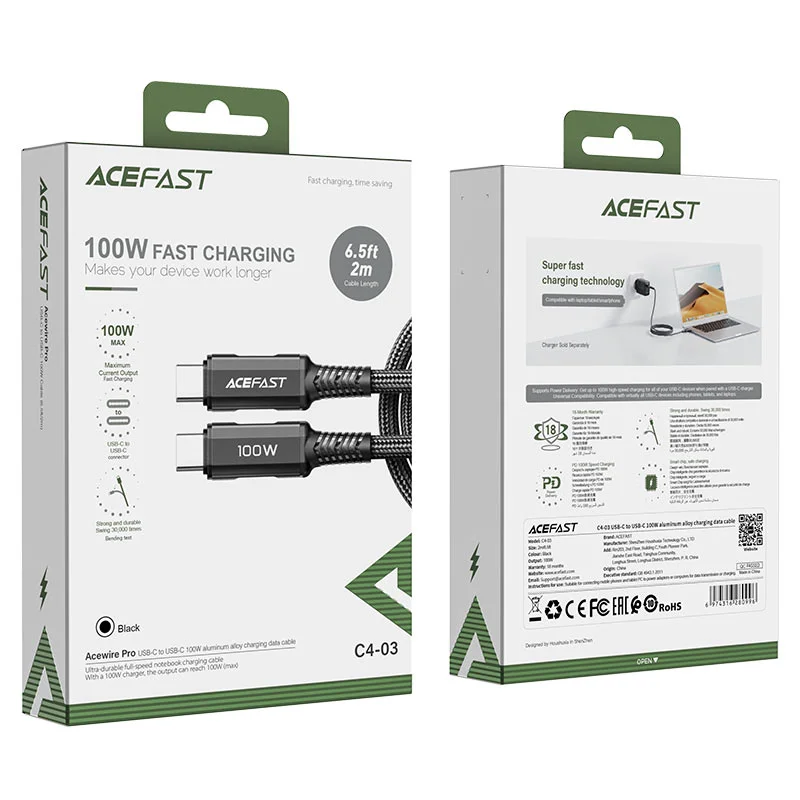 ACEFAST USB C4-03 Type-C to Type-C 100W Սև