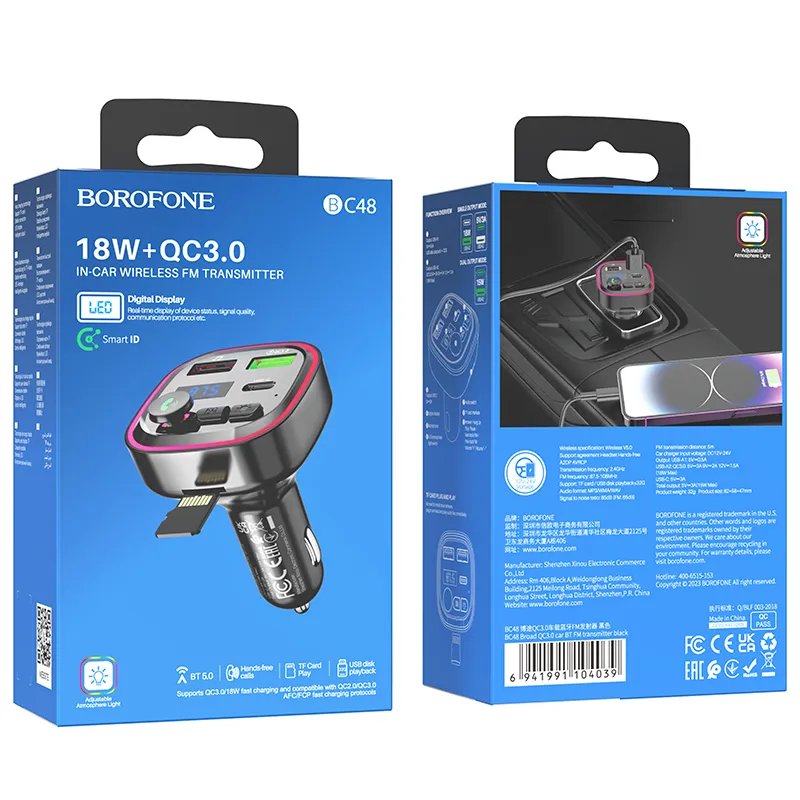 BOROFONE BC48 Power FM մոդուլյատոր և մեքենայի հզոր լիցքավորիչ (QC3.0) – Սև