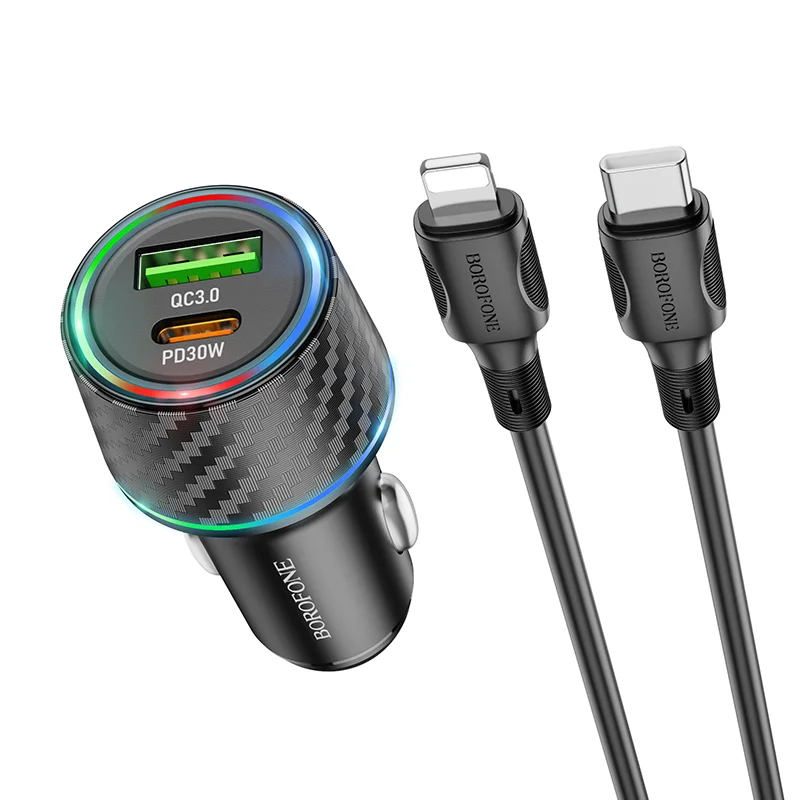 BOROFONE BZ21 Մեքենայի լիցքավորիչ + Type-C-ից Lightning մալուխ – Սև 3