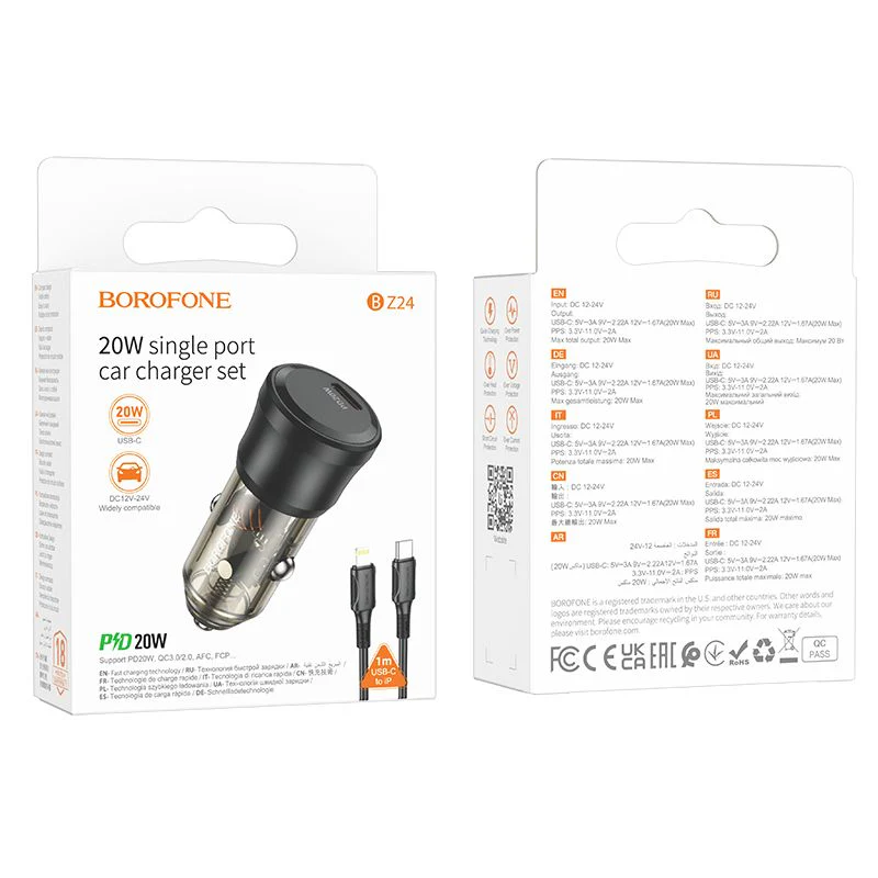 BOROFONE BZ24 Մեքենայի լիցքավորիչ + Type-C to Lightning (iOS) մալուխ, Սև