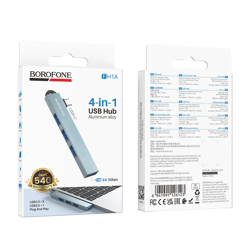 BOROFONE FH1A USB Hub 4-in-1, Type-C-ից 3×USB 2.0 + USB 3.0, Մոխրագույն